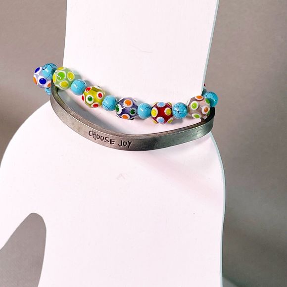 Multicolored Lamp Work Beaded Bracelet 6” And Choose Joy Metal Bracelet Adjustab - Picture 1 of 6